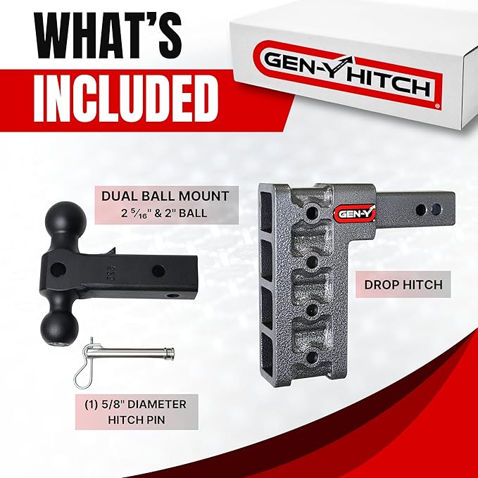 GEN-Y Hitch Tow Hitch for 2.5" Receiver - 9" Drop/Rise with 4 Adjustable Positions, Includes Dual Ball Mount and Locking Pin, 21,000 lbs Towing Capacity, 3,000 lbs Tongue Weight, Silver