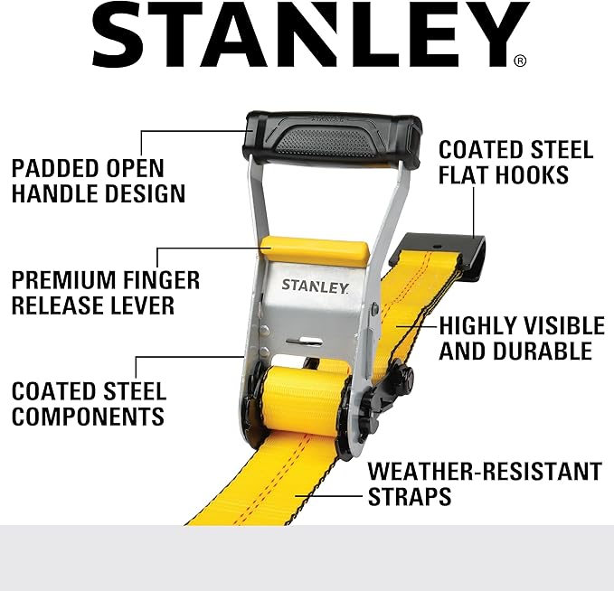 STANLEY S10000F Black/Yellow 2" x 27' Ratchet Strap with Flat Hooks - 3,333 LBS Safe Working Load / 10,000 LBS Break Strength