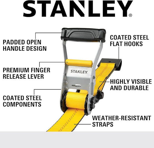 STANLEY S10000F Black/Yellow 2" x 27' Ratchet Strap with Flat Hooks - 3,333 LBS Safe Working Load / 10,000 LBS Break Strength