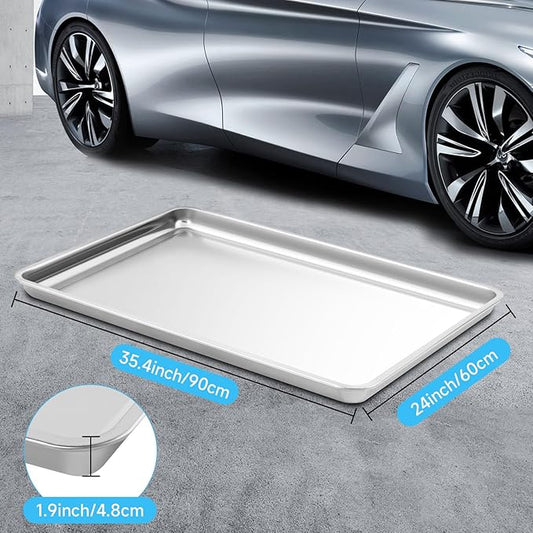 2Pcs Stainless Steel Oil Drain Drip Pan for Under Car, 35.4 x 24 x 1.9'' Metal Oil Drain Pan, No Splatter Large Drip Tray Oil Catch Pan Replacement Tray for Keep Garage Floor Clean
