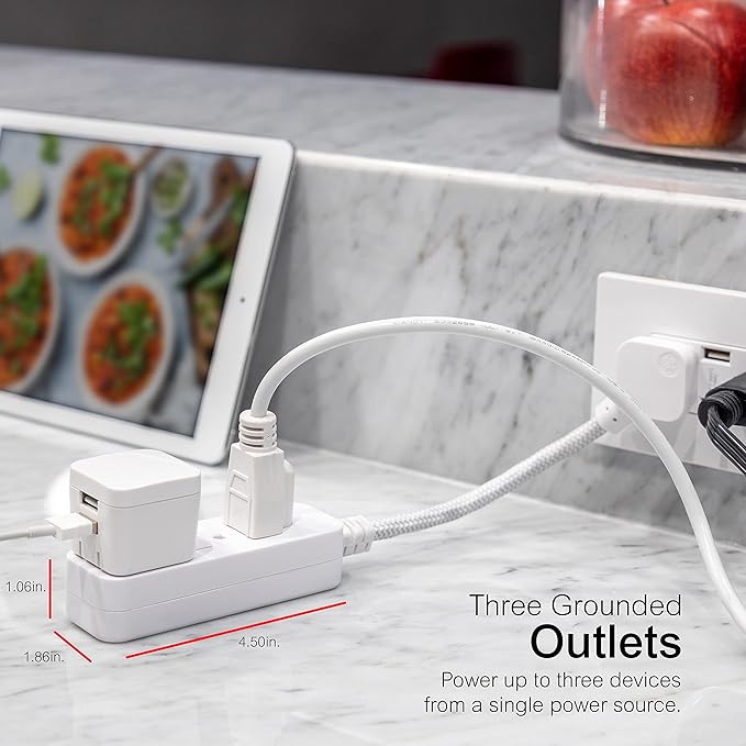 GE Designer 3-Outlet Power Strip, 1 Ft Braided Extension Cord, 3 Grounded Outlets, Flat Plug, Mini Cord, Premium, White, 45190 (Pack of 12)