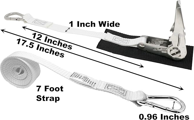 1 Inch Stainless Steel Ratchet Strap, Protective Pad Under Buckle Stainless Steel Carabiner Clip with Grommet On Each End, Fixed End Strap, Total Strap Length 8 Ft