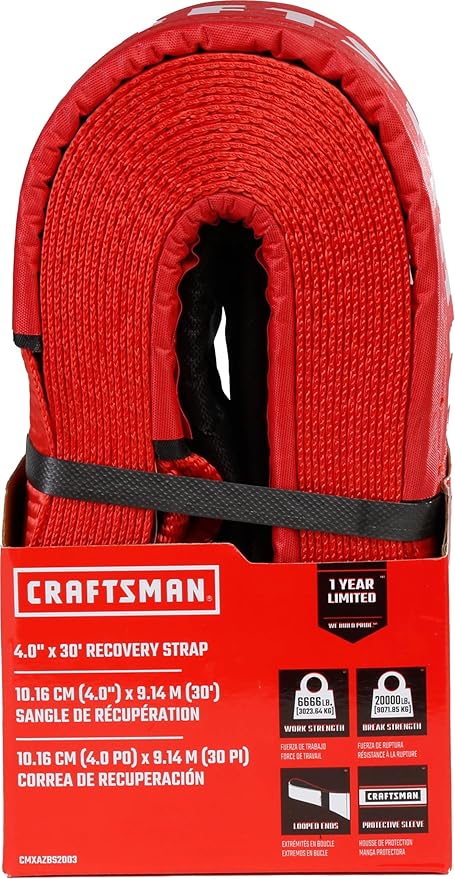 Craftsman CMXAZBS2003 Black/Red 4” x 30’ Heavy-Duty Recovery Tow Strap with Loop Ends - 6,666 lb Safe Wortking Load / 20,000 lb Break Strength