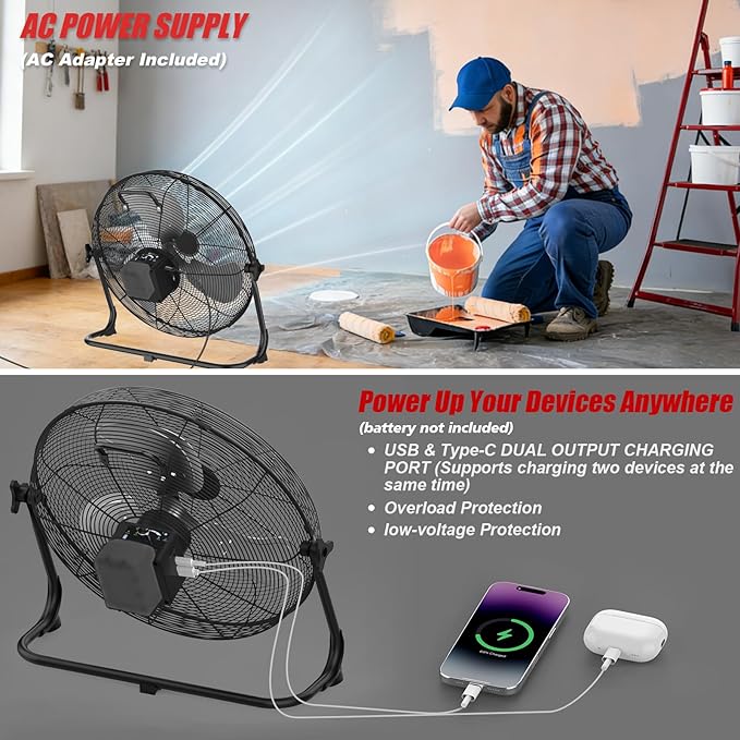 16" Battery Operated Floor Fan Compatible with Milwaukee 18V Battery, Portable Cordless Fan with AC Adapter, USB and Type-C Output, Variable Speed Fans for Jobsite Garage Camping(No Battery)