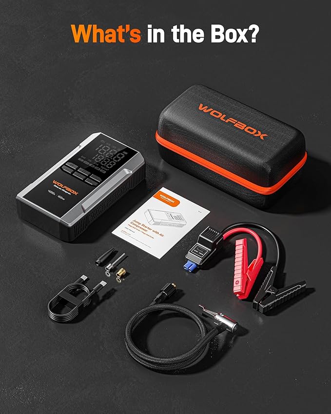 WOLFBOX 4000A Jump Starter with 160PSI Air Compressor, 12V Car Battery Booster, 88.8Wh Portable Jump Box (10.0 Gas/10.0L Diesel) with 65W Fast Charging, Tire Inflator, Jumper Cables, and LED Light