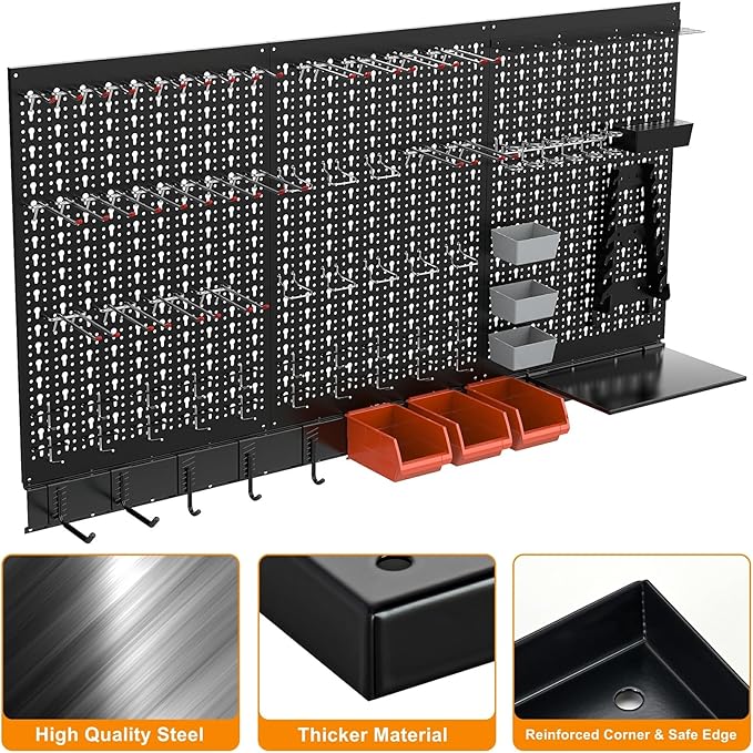 TORACK Metal Pegboard Wall Organizer for Garage, 109PCS Pegboard Accessories Organizer Kit with Pegboard Bins, Hooks, Peg Locks, Pegboard Storage System for Workbench, Garage, Shop, Shed(Black)