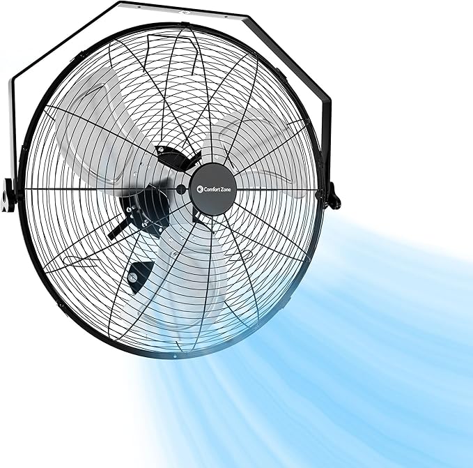 Comfort Zone 20-inch Industrial High Velocity Fan – Heavy Duty All-Metal Floor & Wall Mount Fan, 3-Speed High Power Cooling for Garage, Workshop, or Warehouse – Sealed Motor & Balanced Aluminum Blades