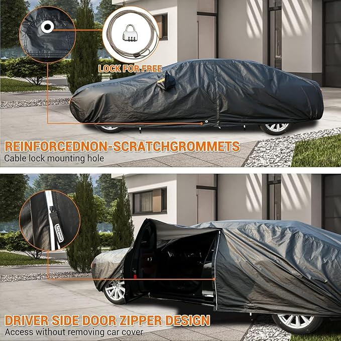 Tecoom All Weather Car Cover Waterproof Windproof Hail Protector with Fleece Lining & Zipper Door, UV Sun Protection, Fit for Sedan (170"–190"), Black