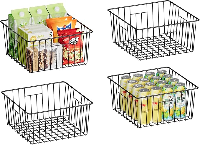X-cosrack Metal Wire Baskets for Pantry Organization and Storage Freezer Organizer Bins with Handles 4 Pack- Extra Large Mesh Bin for Pantry Kitchen Laundry Closet Garage Patent Design