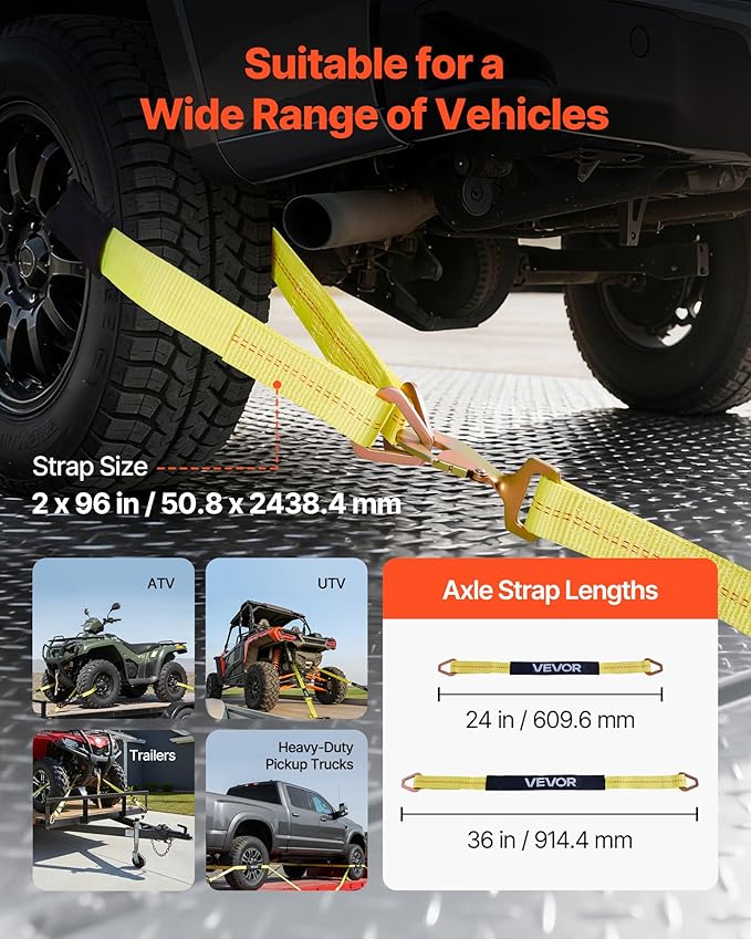 VEVOR Wheel Chock Tie-Down Kit, Axle Type Trailer Tie Down Strap, Car Tie Down Kit with Break Strength 10009 lbs, Working Load 3333 lbs, Trailer Ratchet Strap for ATV, UTV, & Heavy-Duty Pickup Trucks