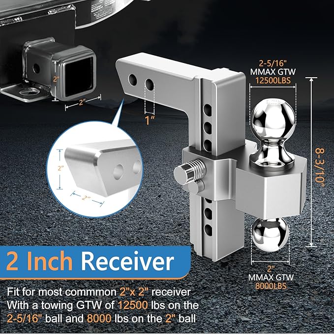 Tlvuvmo Adjustable Trailer Hitch - 8 Inch Drop Hitch (Fits 2-Inch Receiver), 12,500 LBS GTW Heavy Duty Aluminum Tow Hitches with (2" & 2-5/16") Chrome Steels Balls with 2 Anti-Theft Pin Locks