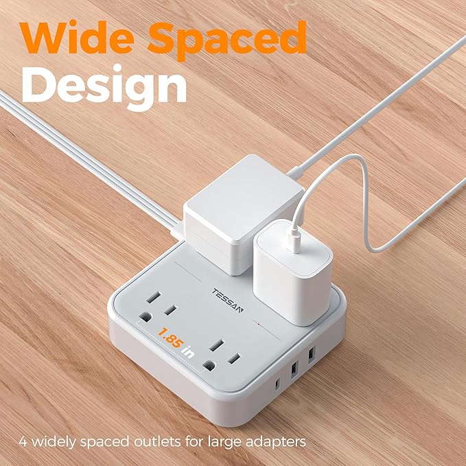 TESSAN Surge Protector Flat Extension Cord 10Ft, Ring Plug Power Strip with 4 Outlets 3 USB Ports (1 USB C), 900 Joules Protection, Multiple Wall Outlet Extender Suitable for Home Office Dorm, Grey