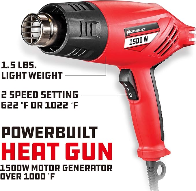 Powerbuilt 1500W Heavy Duty Heat Gun Kit with Dual Temperature & Speed Settings, 622°F–1022°F, 7 Accessories, and Storage Case – Ideal for Paint Removal, Heat Shrink, and Loosening Bolts - 240068