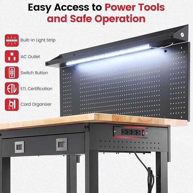 ENJOYWOOD 60" x 22'' Garage Workbench with Wheels Adjustable Height Rubberwood Work Table with Drawers, Pegboard, Power Outlets & LED Light Heavy Duty Rolling Workbench for Workshop & Home