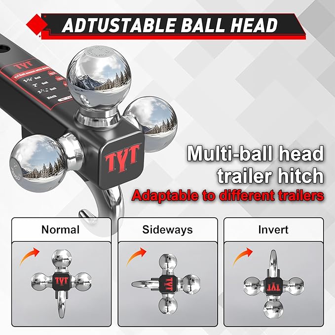 TYT Trailer Hitch Tri Ball Mount with Tow Hook,Fits 2 inch Receiver,Triple Balls (1-7/8", 2", 2-5/16"),10,000 lbs GTW,1,000 lbs TW,with Hitch pin