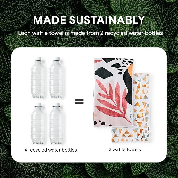 RECYCO Waffle Kitchen Towel Set of 2 - Quick Dry Microfiber Sustainable Dish Towels - Ultra Absorbent Reusable Cleaning Tea Towels - Lightweight Hand Towels,16”x 28”, Boho Oasis
