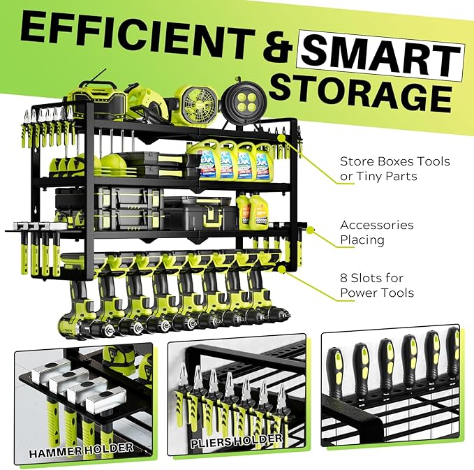 Hipidian Power Tool Organizer Wall Mount - Storage Rack with 4 Drill Holders for Drills Cordless Tools. Heavy Duty Iron Garage Tool Organizer Storage for Workshop Shed (8 Slots 4 Layers 4)