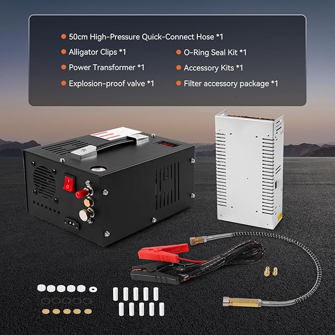 350W PCP Air Compressor, 4500Psi/30Mpa, 12V DC & 110V AC, Oil/Water-Free, Burst Disc Safety Valve, Built-in Cooling Fan for Air Rifle, Paintball, Scuba Tank