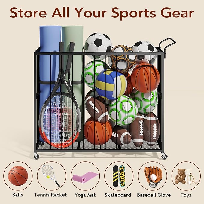 Homsorout Ball Storage Bin Rolling Sports Ball Cart, Metal Garage Organizer Sport Rack, Ball Basket Storage, Ball Cage for Garage or Gym, Indoor & Outdoor Sports Equipment Organizer