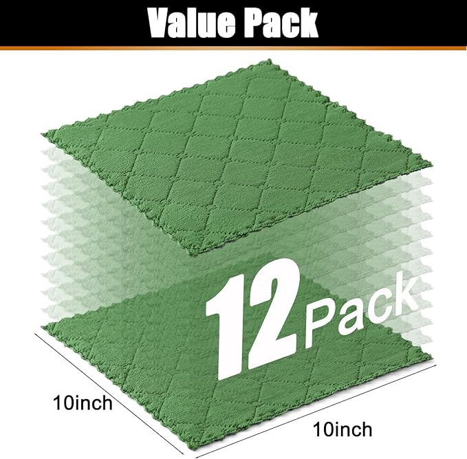 Mordimy 12 Pack Kitchen Cloths Dish Towels (10" x 10", Dark Grey & Grass Green), Super Soft and Absorbent Dish Cloths, Coral Velvet Microfiber Cleaning Cloth, Nonstick Oil Fast Dry Dishcloths