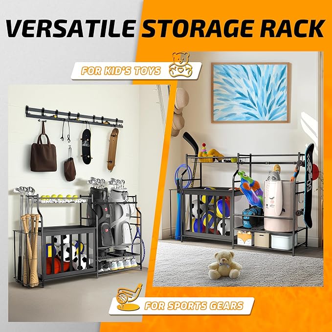 PLKOW Sports Equipment Organizer Rack, Garage Ball Rack, 2 Golf Bag Storage and Sports Gear Organizer for Garage