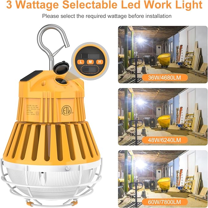 LED Temporary Work Light 60W, 7800LM 5000K Portable Hanging Construction Light with 10ft Cable Plug and Sturdy Hooks Linkable LED Work Light for Job Site Lighting, Workshop, Garage ETL Listed