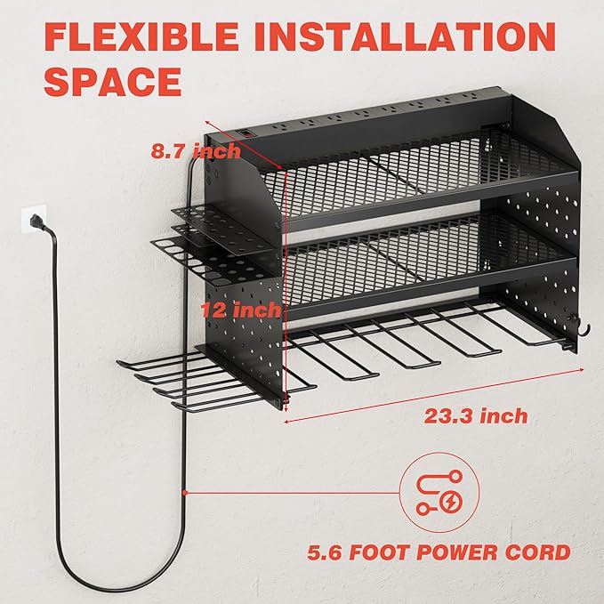 Power Tool Organizer Wall Mount with Charging Station, 8 Outlet Heavy Duty Metal Garage Tool Storage Rack, 23 Inch 3 Tier Shelves for Workshop & Garage Organization