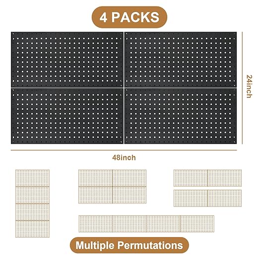 NectaCol 4 Packs 24"x12" Pegboard Wall Organizer, Metal Pegboard Panels Tool Organizer, Pegboard Storage System for Shop, Workbench, Black Metal Peg Boards for Walls