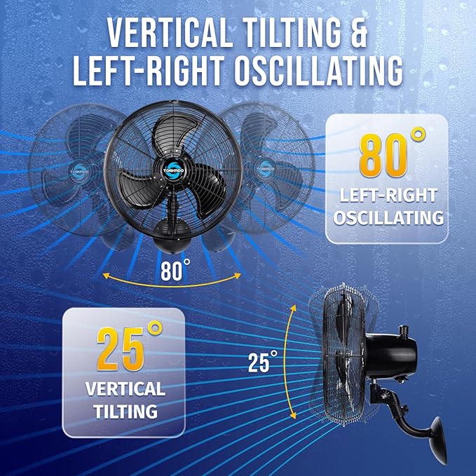 Tornado 16 Inch Pro Series Waterproof Outdoor Oscillating Wall Mount Fan - High Velocity Heavy Duty Metal Wall Mount Fan for Industrial, Commercial, Residential, and Greenhouse Use - UL Safety Listed
