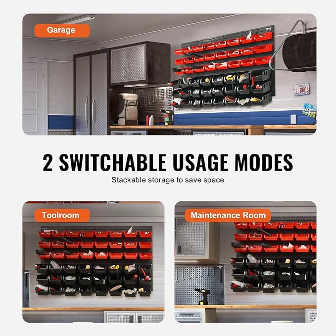 VEVOR 48-Bin Wall Mounted Storage Bins Parts Rack Organizer Garage Shop Tool Organizer for Screws, Nuts, Bolts, Nails, Beads, and Small Hardware Parts, With Wall Panels