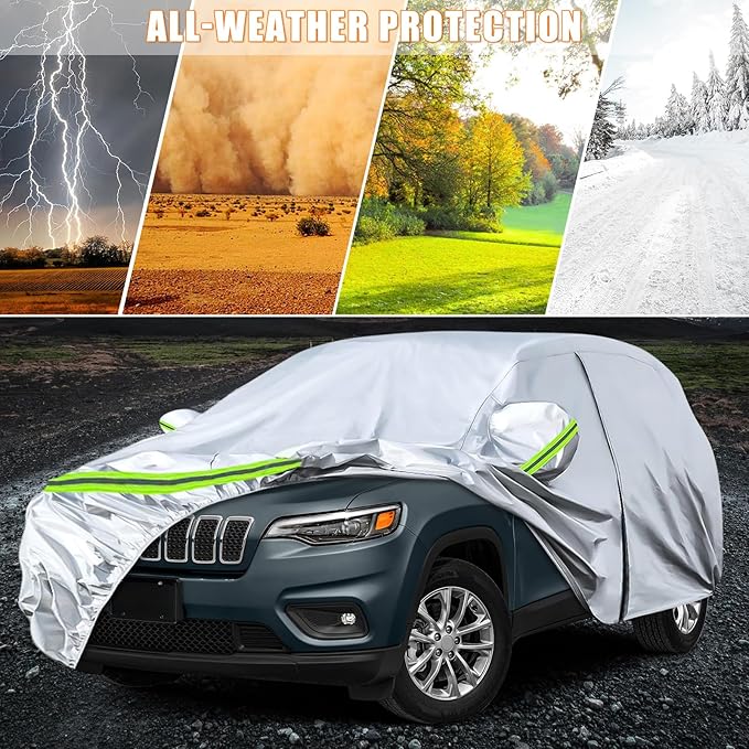 Waterproof Car Covers Replace for 2014-2025 Jeep Cherokee, 6 Layers Silver All Weather Custom-fit Car Cover with Zipper Door & Windproof Bands for Snow Rain Dust Hail Protection