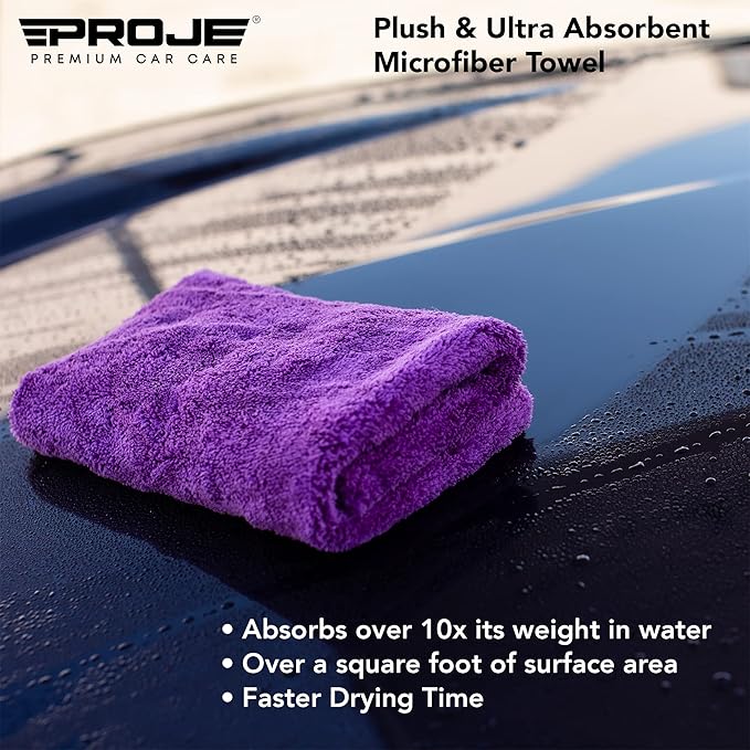 PROJE' Purple Microfiber Towel for Car - Ultra Absorbent - Car Drying, Polishing, Buffing Cloth & Interior Detailing Towel - 500 GSM 16x16in - Auto Detailing Supplies - Pack of 3 Premium Car Care
