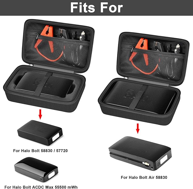Case for Halo Bolt 58830/57720/ Air 58830/ ACDC Max 55500 mWh/ Air + Portable Emergency Power Kit, Storage Holder for Air Nozzles, Extra Accessory, Car Jump Starter, and Charger- Black (Box Only)