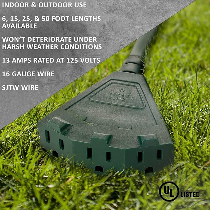 Holiday Lighting Outlet 50-Foot Green Extension Cord, 3-Prong Indoor & Outdoor Splitter, Perfect for Landscape Lighting