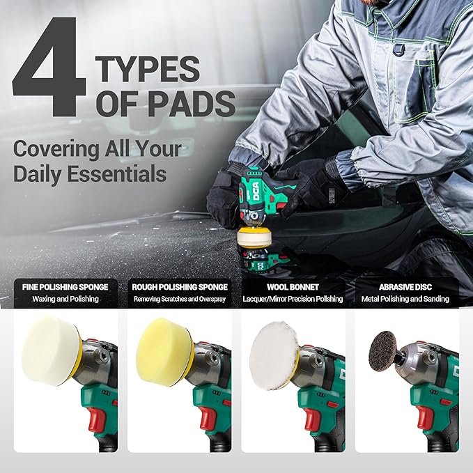 DCA 12V Cordless Buffer Polisher, 3" Brushless Mini Car Polisher & 2" Sander Machine Kit with 2x 2.0Ah Batteries, 2 Variable Speed 2800-8300RPM for Car Detailing Polishing/Buffing/Sanding/Waxing