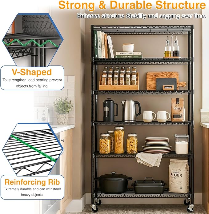 Storage Shelves 2100Lbs Capacity, 6-Shelf on Casters 45" L×18" W×82" H Commercial Wire Shelving Unit Adjustable Layer Metal Rack Strong Steel for Restaurant Garage Pantry Kitchen,Black