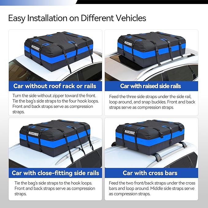 MARCHWAY Waterproof Car Roof Luggage Bag, Weatherproof Soft Shell Rooftop Cargo Carrier Bag for Vehicles with or Without Rack. 6 Door Hooks, Anti Slip Mat, Lock Included (21 Cubic Feet, Blue)