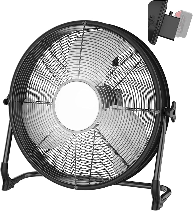 16" Battery Operated Floor Fan with Light Compatible with Milwaukee M18 18V Battery, Portable Fan with AC Adapter and USB Output, Metal High Velocity, Stepless Speed Cordless Fan for Jobsite Camping