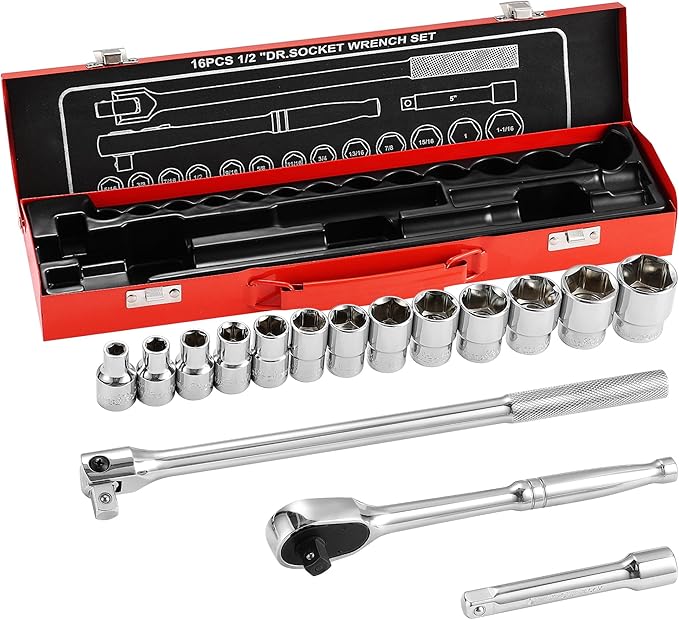 MAXPOWER 1/2" Drive Socket Wrench Set, 16-Piece, Including 13-Piece SAE Sockets, 1/2" Drive Breaker Bar, 1/2" Ratchet Wrench and Extension Bar