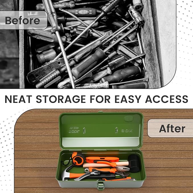 15 Inch Metal Tool Box with Lock - Portable Heavy Duty Workshop Tool Storage Case with Handle, Locking Hardware Organizer Box for Tools, Screws & Parts (Green)