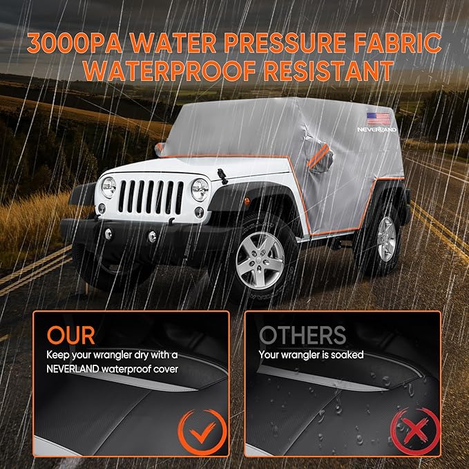 Wrangler Cab Cover for 2007-2025 Jeep Wrangler JK JL 2 Door, NEVERLAND Half Car Cover Waterproof Oxford with Reflective Strip,Sun Snowproof Cab Car Cover Silver