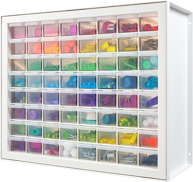 IRIS USA Small Parts Storage Cabinet, Made in USA, 64-Drawer Organizer Chest for Hardware, Screws, Nuts & Bolts, Charms, Beads, Craft Supplies, Scrapbook & Hobby Storage, Teacher Toolbox – White