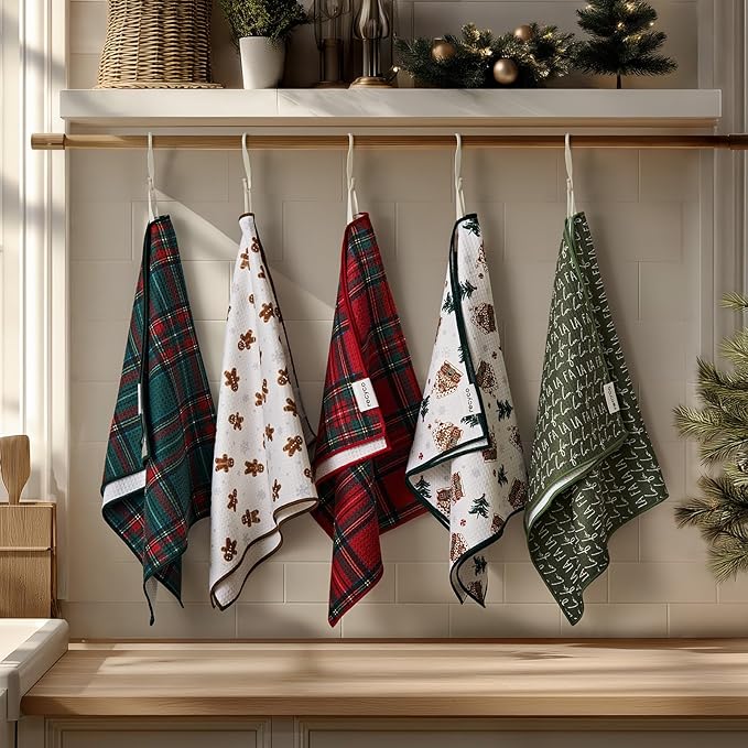 RECYCO Christmas Waffle Kitchen Towel Set of 2 - Quick Dry Microfiber Sustainable Dish Towels - Ultra Absorbent Reusable Cleaning Tea Towels - Lightweight Hand Towels,16”x 28”, Gingerbread Joy