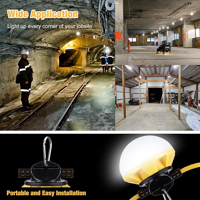50FT LED Construction String Light, 50W 6000Lm,18AWG Wire,5000K Linkable String Work Lights with 5 Bulbs & Hooks, Industrial Temporary Lighting for Construction Site, Crawl Space,Job Site,Attic