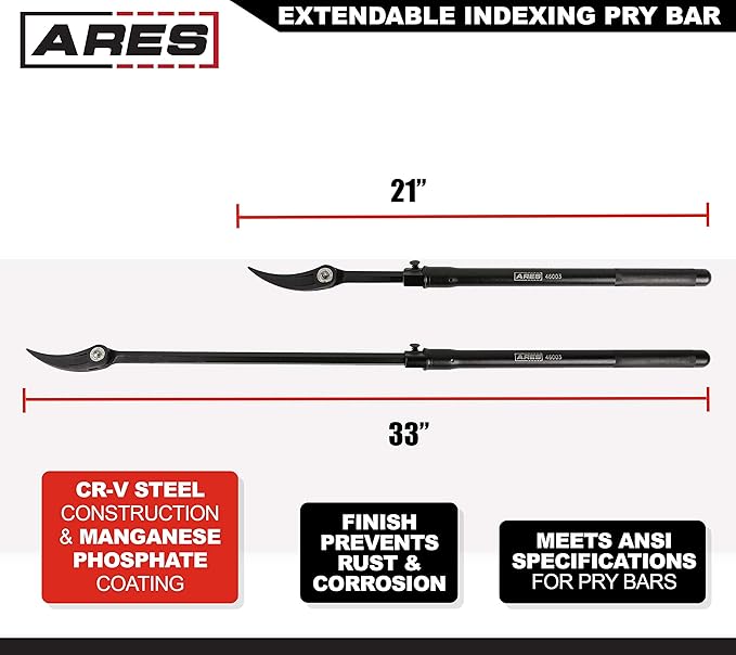 ARES 46003-21-Inch to 33-Inch Extendable Indexing Pry Bar - 14-Position Adjustable Angle Head - High Strength Chrome Vanadium Steel