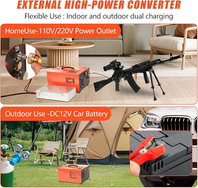 PCP Air Compressor, 4500PSI Portable PCP Compressor, 12V DC/110V AC PCP Airgun Compressor Manual-stop, w/External Power Adapter, Built-in Fan, Suitable for Paintball, PCP Rifle, Pistol, Scuba Bottle