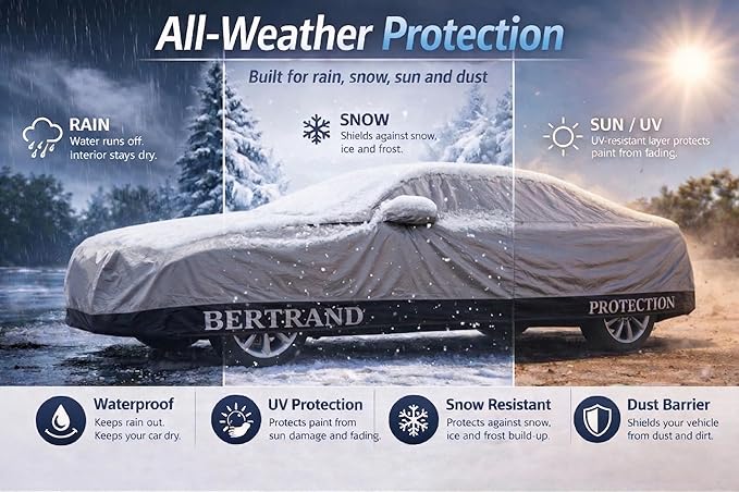 BERTRAND Premium Extra-Large Sedan Car Cover – (213x79 - Size - A4) - Waterproof All Weather | Mirror Pockets + Door Zipper | Cotton-Lined | UV Protection + Reduces Hail Impact | Heavy-Duty