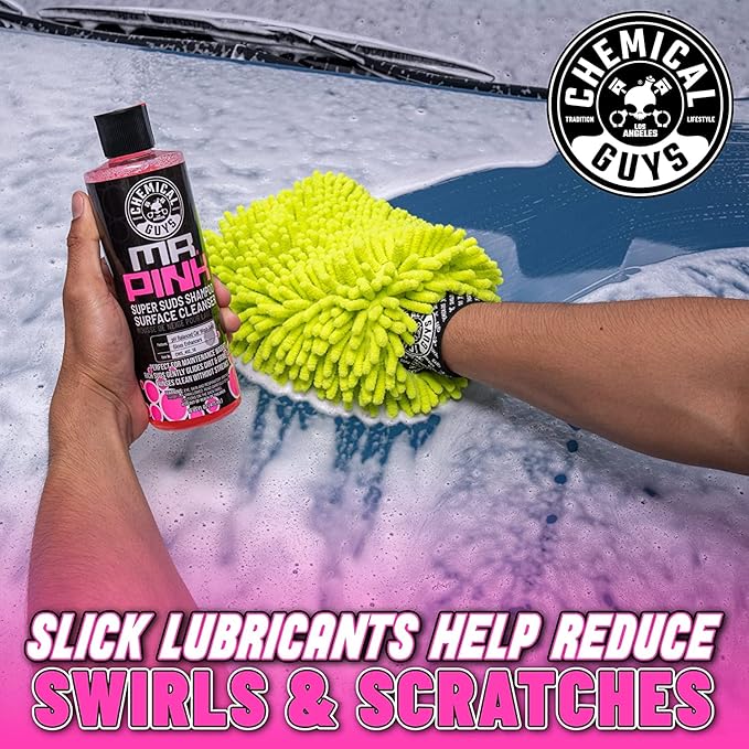 Chemical Guys Mr. Pink Car Wash Soap & Chenille Wash Mitt Kit - 16 oz High Foaming Auto Shampoo with Plush Microfiber Mitt - Safe for Cars, Trucks, Motorcycles, and RVs - Scratch-Free Cleaning Combo