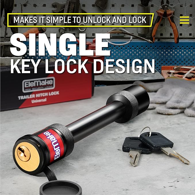 Elemake Hitch Pin Lock - Trailer Hitch Lock 5/8" Pin Tow Receiver Lock, Anti-Rust Brass Core Extra Long 3-1/2" Effective Length for Class III-V Receivers (2", 2-1/2"), Heavy Duty 20,000 LBS Towing