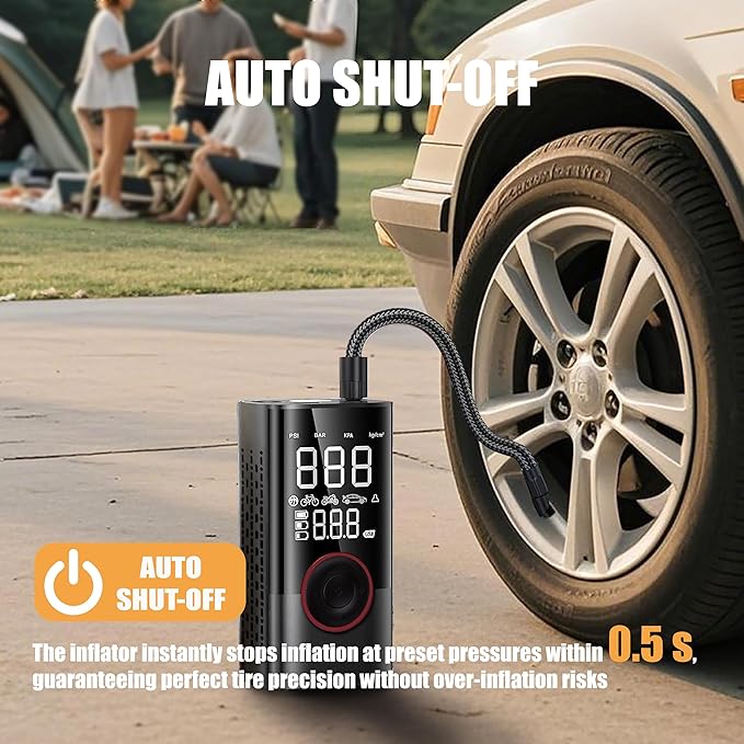 Tire Inflator, Cordless Tire Air Compressor with LED & 150PSI Digital Pressure Gauge, Portable Inflator for Car, Motorcycle, Bike & Sports Equipment, Black